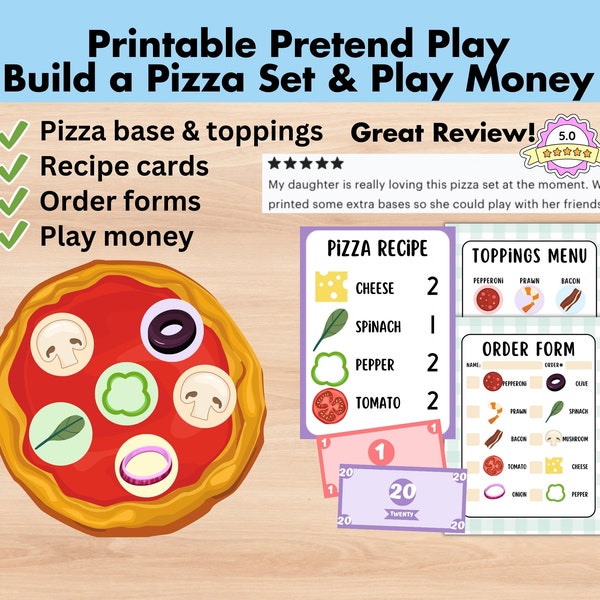 Pretend Play Build a Pizza, Dramatic Play Set, Playmoney, Homeschool Printable, Classroom Activity, Kindergarten Busy Book, Kids Bucks