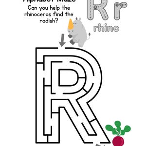 May include: A black and white alphabet maze with the letter R. A rhinoceros is trying to find a radish. The rhinoceros is gray with an orange horn. The radish is red with green leaves.