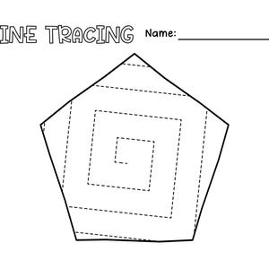 May include: A black and white line tracing worksheet featuring a pentagon shape with a series of concentric squares inside. The worksheet has the title "LINE TRACING" and a blank space for a name.