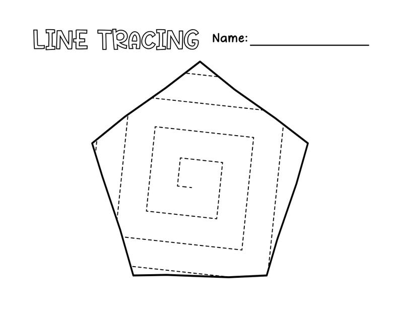 May include: A black and white line tracing worksheet featuring a pentagon shape with a series of concentric squares inside. The worksheet has the title "LINE TRACING" and a blank space for a name.