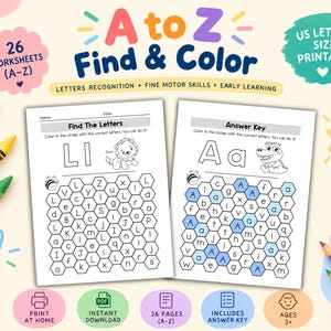 May include: A set of 26 printable A to Z Find & Colour worksheets for letter recognition. The pages feature hexagonal grids with letters and illustrations of a lion and an alligator. Includes an answer key page with blue-filled circles.