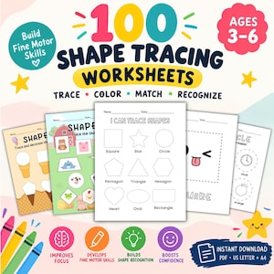 May include: A set of 100 shape tracing worksheets for ages 3-6, featuring various educational pages with shapes like squares, stars, and circles. The design includes colorful icons, text such as 'Build Fine Motor Skills', and a central page titled 'I Can Trace Shapes' with dotted outlines for practice.