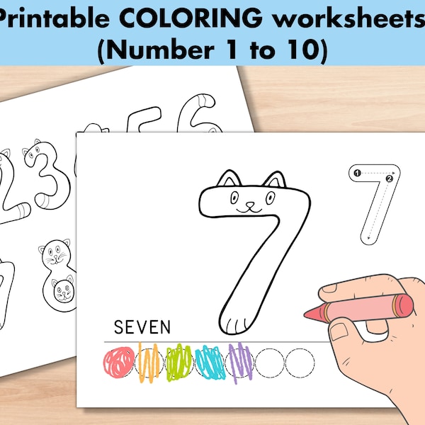 Hoja de trabajo de números para colorear, páginas para colorear de gatos, descarga digital imprimible en preescolar, libro ocupado para niños pequeños, números de aprendizaje, números del 1 al 10