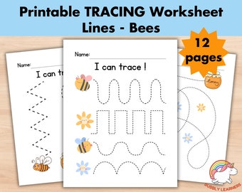 Op de afbeelding: Een printbaar traceerblad voor kinderen met bijen en bloemen. Het werkblad heeft 12 pagina's en bevat lijnen om te traceren, zoals zigzaglijnen, golvende lijnen en rechte lijnen. De tekst "Ik kan traceren!" staat bovenaan de pagina.