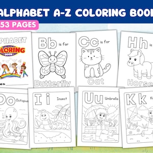 53 páginas para colorear del alfabeto, actividad preescolar imprimible, letra de la semana, libro de actividades del abecedario, ficha infantil imprimible, reconocimiento de letras