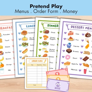 Menús de juego de simulación, menús de restaurante de simulación, cocina infantil, juego de drama imprimible, dinero ficticio, actividad en el aula, Kids Bucks