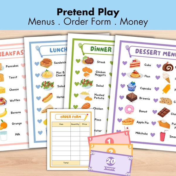 Pretend Play Menus, Pretend Restaurant Menus Kids Kitchen,Printable Dramatic Play Set Playmoney, Classroom Activity, Kids Bucks