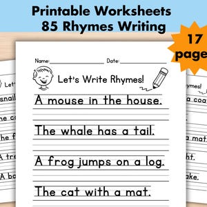 Rhyme Sentence Writing Worksheet, Write the Sentence, Printable Sentence Writing Practice Activity, 1st-3rd Grade ELA Worksheet, Handwriting