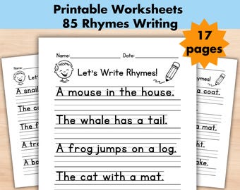 Rhyme Sentence Writing Worksheet, Write the Sentence, Printable Sentence Writing Practice Activity, 1st-3rd Grade ELA Worksheet, Handwriting