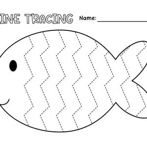 May include: Black and white line tracing worksheet featuring a fish with a zig-zag pattern. The worksheet includes the text "LINE TRACING" and "Name:" with a blank line for the child to write their name.