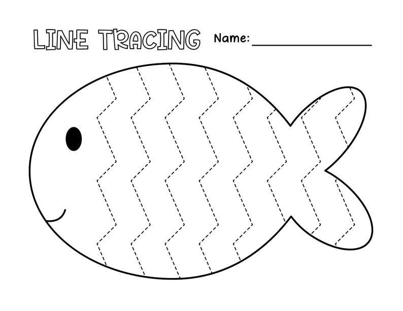 May include: Black and white line tracing worksheet featuring a fish with a zig-zag pattern. The worksheet includes the text "LINE TRACING" and "Name:" with a blank line for the child to write their name.
