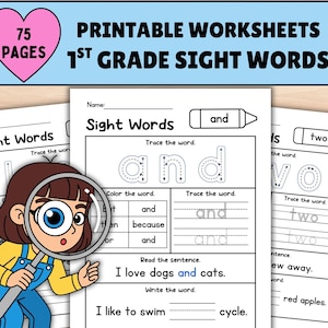 Op de afbeelding: Printbare werkbladen voor 1e klas veelvoorkomende woorden. De afbeelding toont pagina's met oefeningen voor veelvoorkomende woorden, inclusief traceren en zinnen afmaken. Een cartoonmeisje met een vergrootglas staat in de afbeelding. De bovenste banner zegt "Printable Worksheets 1st Grade Sight Words".