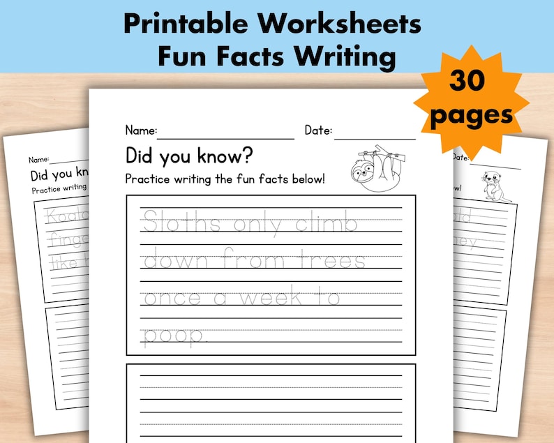 Fun facts sentence writine practice, Printable English Worksheets for Grade 3, Digital Download