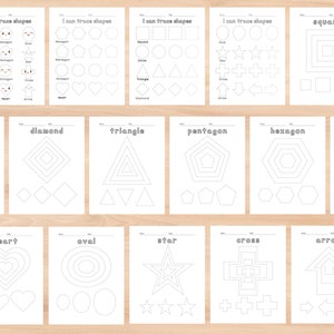 May include: A printable worksheet for kids to practice tracing different shapes. The worksheet includes shapes like a square, circle, triangle, diamond, heart, oval, star, cross, and arrow.