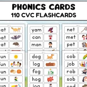 Carte mémoire 110 CVC, mots CVC pour enfants, cartes phoniques, apprentissage des voyelles courtes, activité de lecture pour la maternelle, téléchargement numérique enseignement à domicile