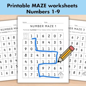 Op de afbeelding: Drie printbare doolhof-werkbladen voor kinderen. Elk werkblad heeft een ander doolhof met de nummers 1-9. De eerste doolhof heeft een kat, de tweede doolhof heeft een huis en de derde doolhof heeft een vis.