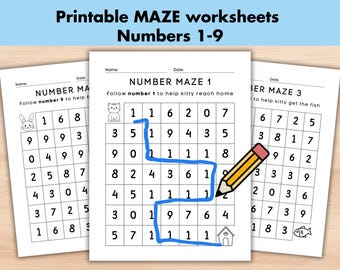 Number Recognition Maze 1-9 for Kid,  Printable Preschool Math Number Counting Practice Activity Worksheet, Kindergarten Curriculum Learning
