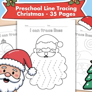 以下が含まれることがあります： クリスマスをテーマにした未就学児向けの線なぞりワークシートのセット。ワークシートには、サンタクロース、クリスマスオーナメント、クリスマスツリーのイラストが描かれています。バナーには「Preschool Line Tracing Christmas - 35 Pages」と書かれています。