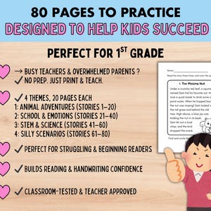 May include: An educational workbook page with the text "80 PAGES TO PRACTICE DESIGNED TO HELP KIDS SUCCEED PERFECT FOR 1ST GRADE." It features reading exercises, illustrations, and a cartoon character.