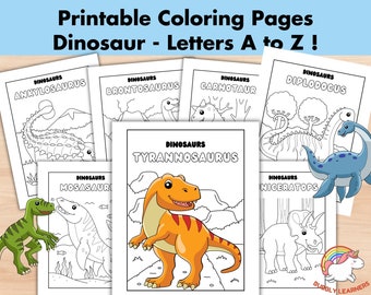 Dinosaur Coloring Pages Printable Alphabet, Dinosaur Activity for Kid Coloring Book, Dinosaur Letter A to Z, Kindergarten Preschool Material