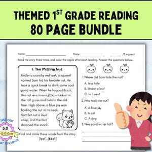 Op de afbeelding: Een thematische leesbundel voor groep 1 met 80 pagina's. Het werkblad bevat een verhaal over een eekhoorn en een verdwenen noot, met vragen over het begrip en illustraties.