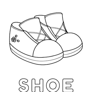 May include: A black and white line drawing of a pair of shoes. The word "SHOE" is written below the shoes.