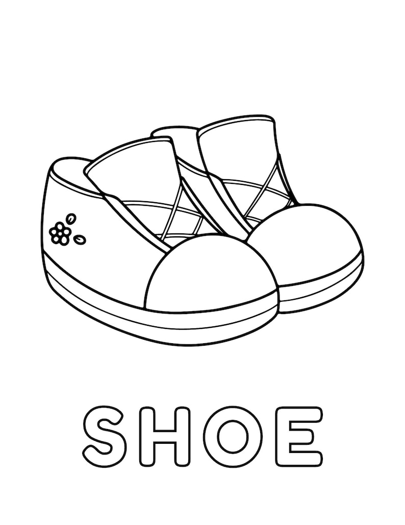 May include: A black and white line drawing of a pair of shoes. The word "SHOE" is written below the shoes.