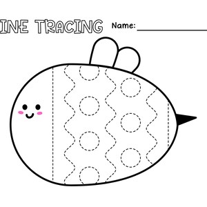 May include: Black and white line tracing activity for kids featuring a cartoon bee with a dotted line pattern. The bee has a happy face and two antennas. The text "LINE TRACING" and "Name:" is at the top of the page.