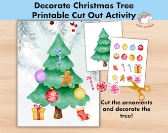 May include: A printable Christmas tree cut-out activity. Cut out the ornaments and decorate the tree. The ornaments include a candy cane, a gingerbread man, a star, a stocking, a gift box, and colorful baubles.