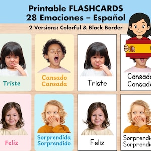 Könnte beinhalten: Druckbare Lernkarten mit 28 spanischen Emotionen. Die Karten zeigen Kindergesichter, die verschiedene Gefühle wie Traurigkeit, Müdigkeit und Überraschung ausdrücken. Die spanischen Wörter für jede Emotion sind enthalten. Zwei Versionen: farbig und schwarzer Rand.