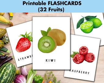 32 Fruits FlashCards PreSchool Cards , Educational Printable Cards , Instant Download Digital, Learning Fruits, Homeschool Activities