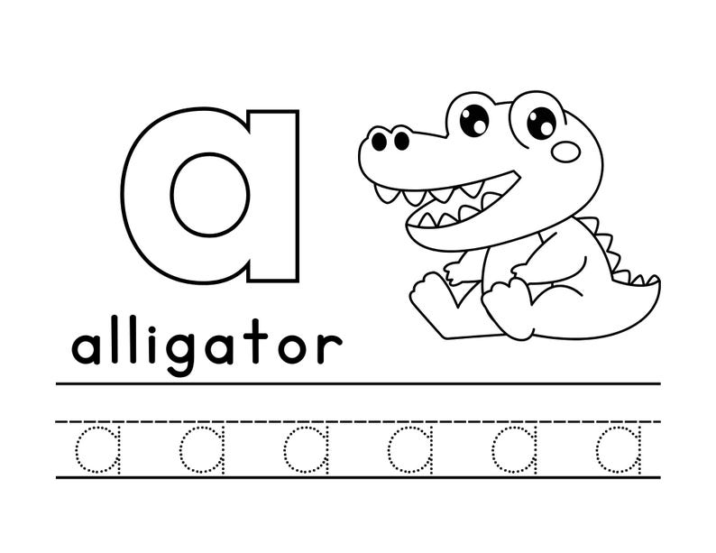 May include: Black and white illustration of the letter 'a' with the word 'alligator' below it. A cartoon alligator is drawn to the right of the letter. There are five dotted lines below the word 'alligator' with the letter 'a' written on each line.
