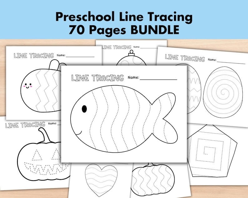 May include: A set of 70 printable preschool line tracing worksheets featuring various shapes, including a fish, pumpkin, heart, and ornament. The worksheets are black and white and have the text "Line Tracing" and "Name" at the top.