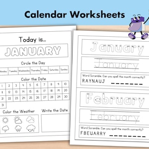 Calendar Worksheet Pages, Daily Calendar, Month Day Date, Weather Practice, Preschool Kindergarten Homeschool Activities Printable Binder