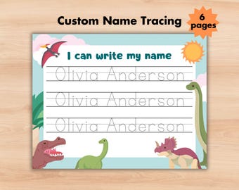 Dinosaur Custom Name Tracing Sheet Personalised Name Trace Handwriting Practice Worksheet Printable Page Kids Name Writing Customizable