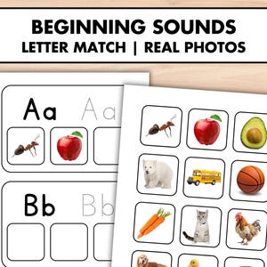 Puede incluir: Material educativo imprimible con correspondencia de letras y fotos reales. La pancarta superior dice "BEGINNING SOUNDS LETTER MATCH | REAL PHOTOS." Las páginas muestran pares de letras con imágenes como una hormiga, una manzana y un aguacate.