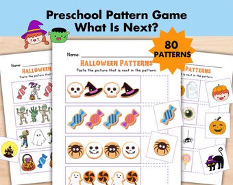 May include: A printable Halloween-themed pattern recognition activity for preschoolers. The worksheet features 80 patterns with images of ghosts, pumpkins, candy, spiders, and other Halloween icons. The instructions are "Paste the picture that is next in the pattern."