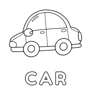 May include: A black and white line drawing of a car with the word "CAR" written below it.