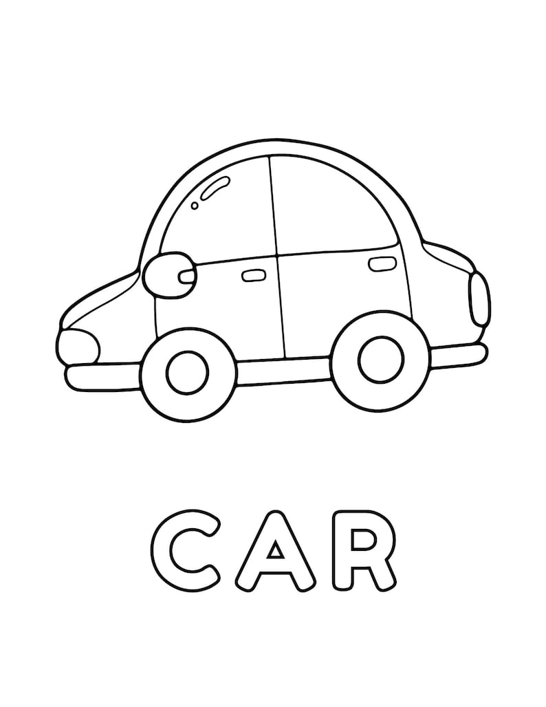 May include: A black and white line drawing of a car with the word "CAR" written below it.