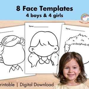 Pode incluir: Três modelos de rostos imprimíveis para crianças, com desenhos de meninos e meninas. A imagem inclui o texto "8 Face Templates, 4 boys & 4 girls" e "Printable | Digital Download". Uma menina sorri em primeiro plano.