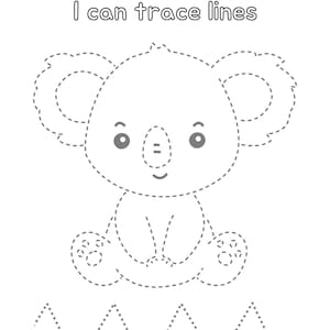 Peut inclure: Un dessin au trait noir et blanc d'un koala. Le koala est assis, les jambes crois&eacute;es, et a un grand sourire. L'image est intitul&eacute;e "Je peux tracer des lignes".