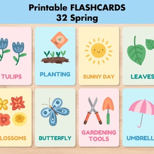 32 lente-flashcards, seizoenswoordenschat natuurkaarten, afdrukbare montessori-flashkaarten, voorschoolse lenteactiviteit, educatief terug naar school