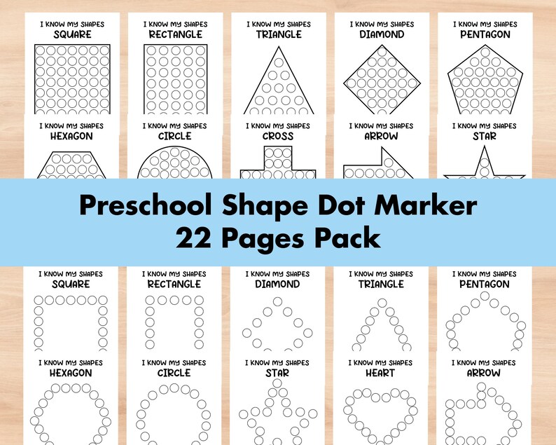 May include: A set of 22 printable worksheets for preschoolers to practice identifying and tracing different shapes. Each worksheet features a different shape outlined with a dotted line, and the name of the shape is written at the top. The worksheets are designed to be used with dot markers.
