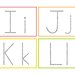 May include: A worksheet with dotted lines to help children practice writing the letters I, J, K, and L. The letters are in separate boxes with different colored borders.