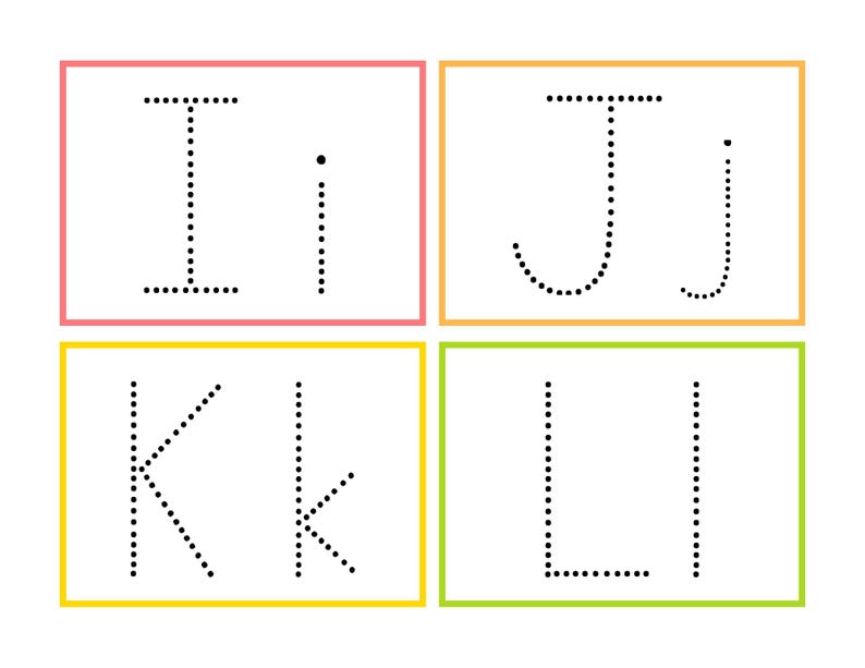 May include: A worksheet with dotted lines to help children practice writing the letters I, J, K, and L. The letters are in separate boxes with different colored borders.
