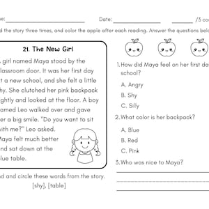May include: A black and white worksheet with the title "The New Girl" and reading comprehension questions. The worksheet includes a short story, questions, and space to write answers. There are three apple illustrations for colouring.