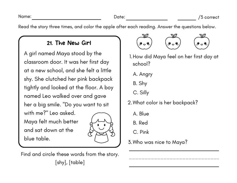 May include: A black and white worksheet with the title "The New Girl" and reading comprehension questions. The worksheet includes a short story, questions, and space to write answers. There are three apple illustrations for colouring.