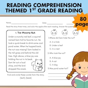 Könnte beinhalten: Ein Arbeitsblatt zum Leseverständnis für die 1. Klasse mit dem Titel "Reading Comprehension Themed 1st Grade Reading". Das Arbeitsblatt enthält eine Geschichte über ein Eichhörnchen und Fragen zum Beantworten. Das Arbeitsblatt hat 80 Seiten.