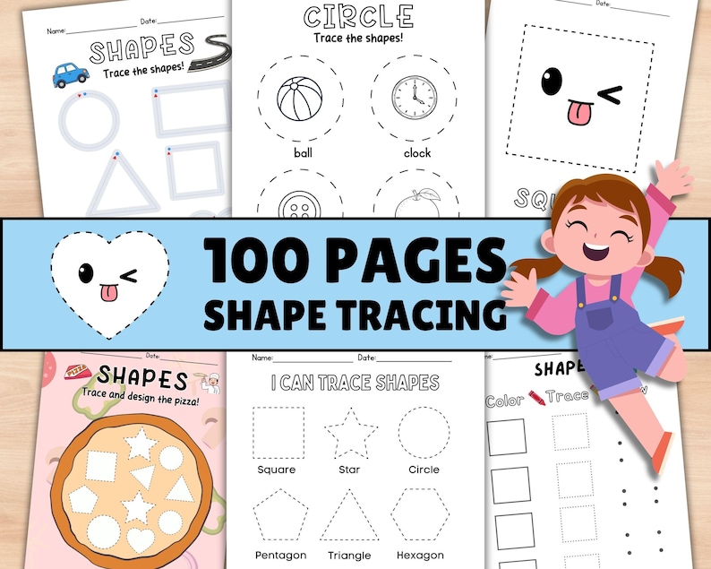 May include: A set of 100-page shape tracing worksheets. The pages include shapes such as circles, squares, and triangles, alongside illustrations of a ball, clock, and pizza. The text "100 PAGES SHAPE TRACING" is prominently displayed across the image.