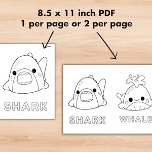 May include: Two printable colouring pages featuring a shark and a whale. The shark is depicted with a toothy grin and a question mark on its head. The whale is shown with a happy face and a water spout above its head. The pages are designed for 8.5 x 11 inch paper and can be printed with one or two images per page.
